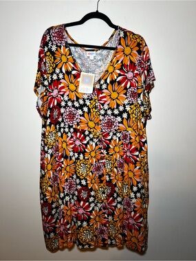 LuLaRoe Floral V-Neck Babydoll Dress - Black with Orange & Pink Flowers